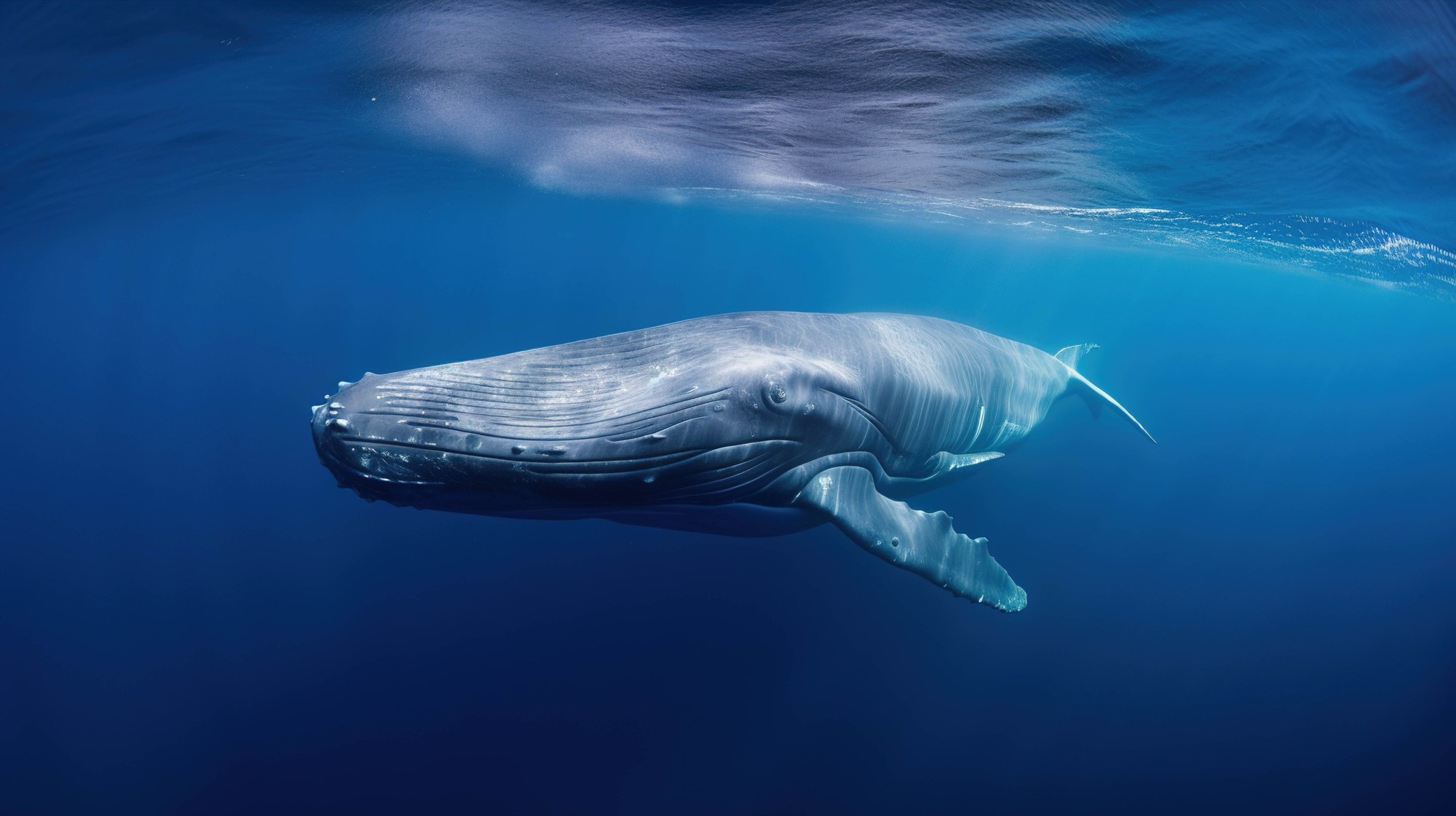 A humpback whale swimming underwater with its long pectoral flippers